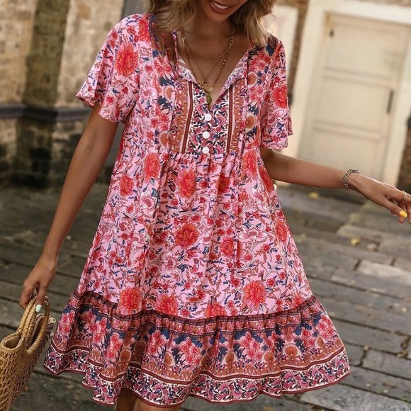 Boho Floral Print Tie Neck Smock Mini Dress - Picture 2 of 5